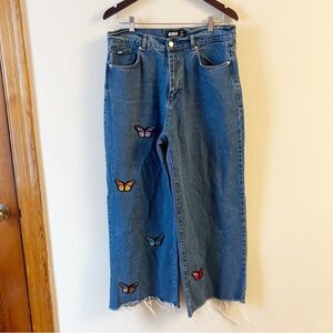 Minga London High Rise Wide Leg Butterfly Embroidered Jeans Size 8 Cotton 32”